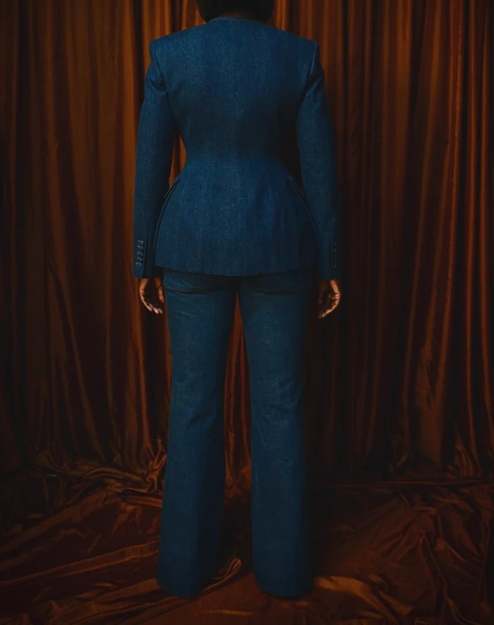 Double-breasted denim suit jacket + denim flared pants set