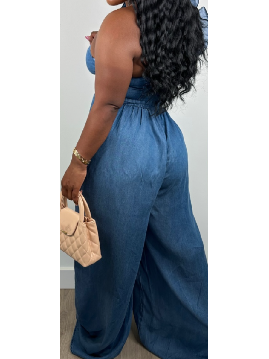 Chic One-shoulder Stretch Denim Jumpsuit