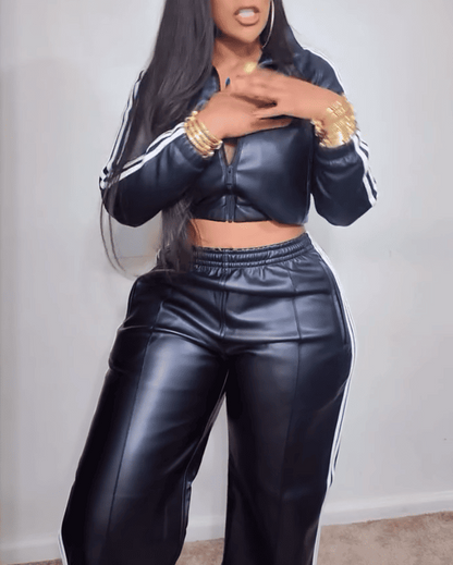 Hot Sale 🔥Vintage Faux Leather Jacket Long Pants 2pc Set