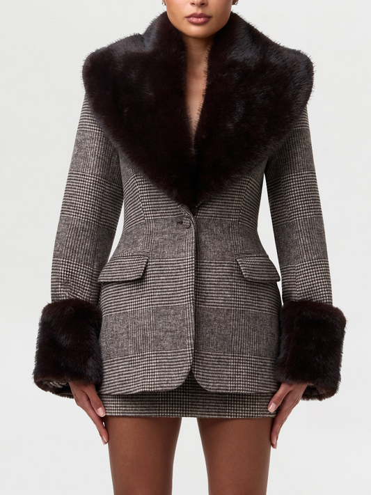 Houndstooth Detachable Faux Fur Jacket