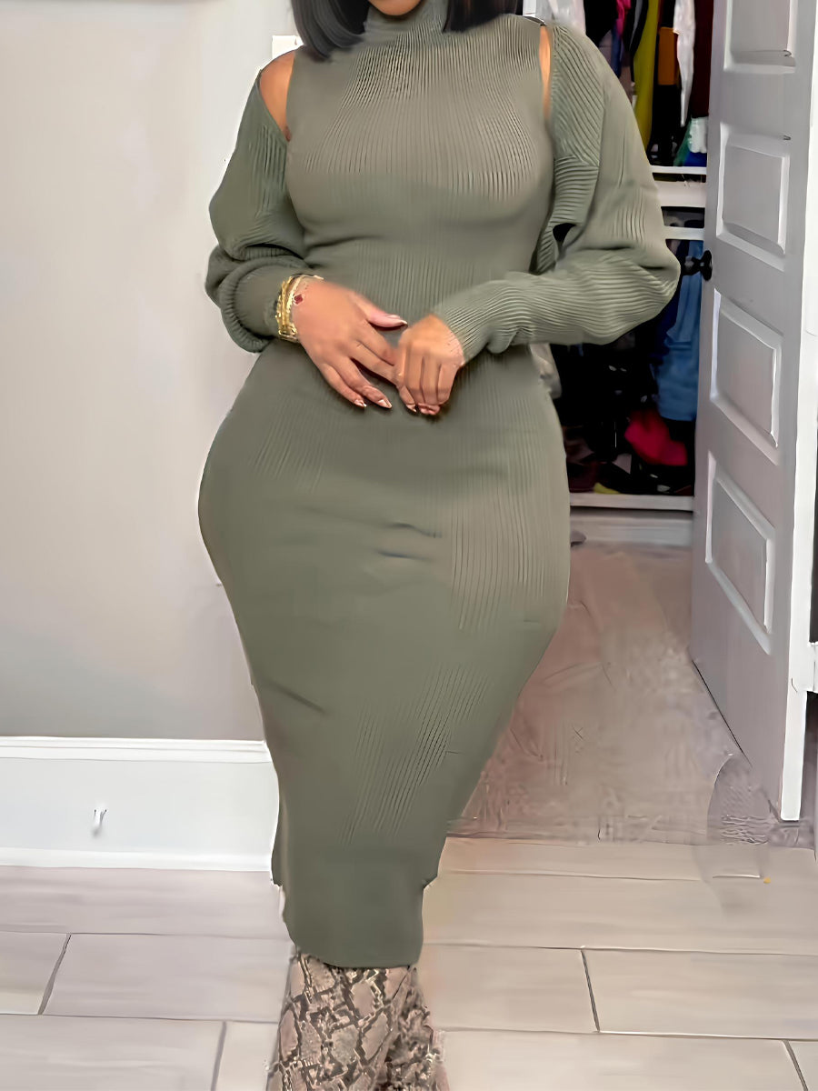 Cropped Cardigan Pullover Sweater Maxi Dress Set