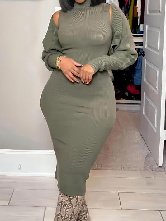 Cropped Cardigan Pullover Sweater Maxi Dress Set