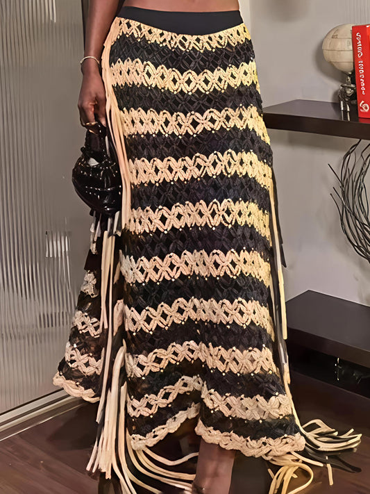 Knotted Fringe Striped Hand-made Mxi Skirt