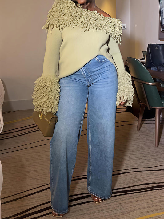 Knitted Skew Neck Tassels Top