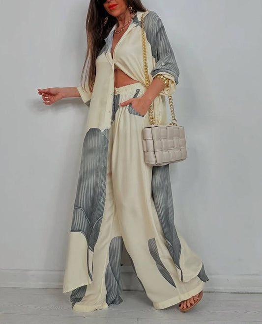 V-neck Patchwork Printed Top and Pants Commuting Casual Suit