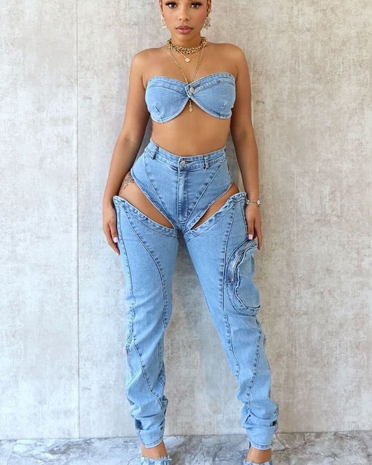 Boss Babe Denim Tube Top & Cut Out Pants SET
