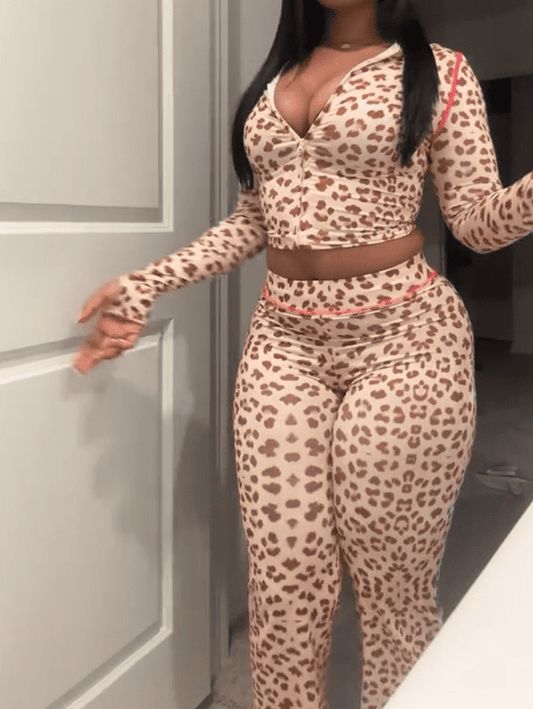 Leopard Print Zip-Up Hoodie & Lengthy Pants Set