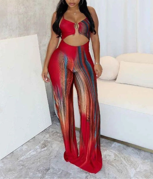 Printed suspender jumpsuit with metallic trim details