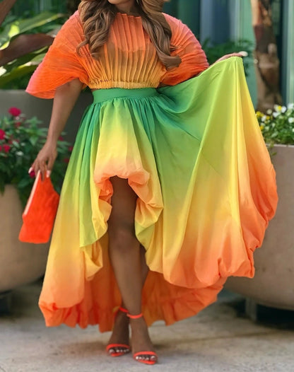 Orange Gradient Pleated Top & Puffy Skirt Set