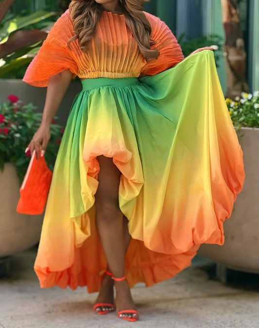 Orange Gradient Pleated Top & Puffy Skirt Set