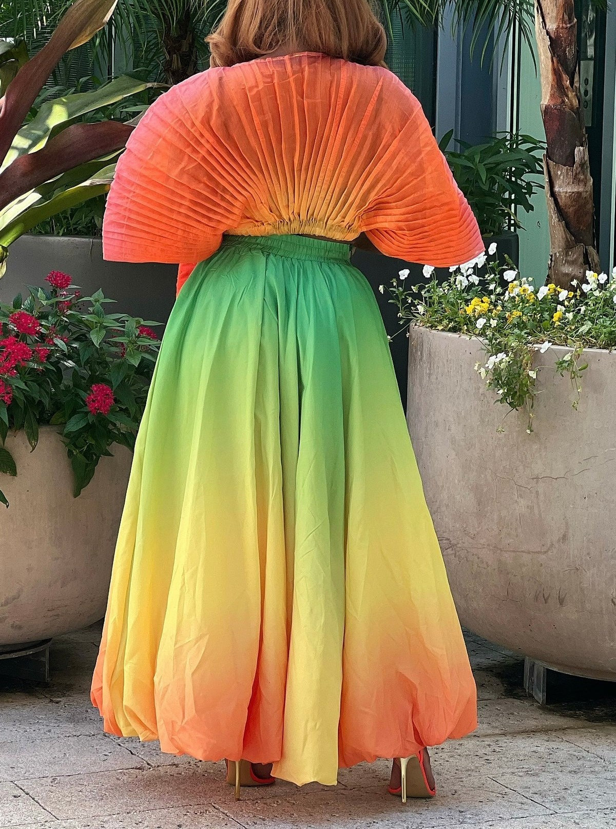 Orange Gradient Pleated Top & Puffy Skirt Set