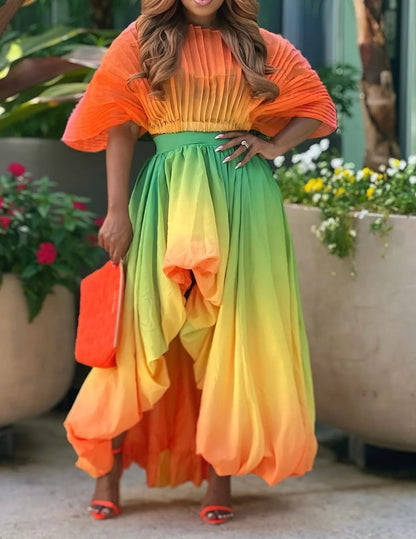 Orange Gradient Pleated Top & Puffy Skirt Set