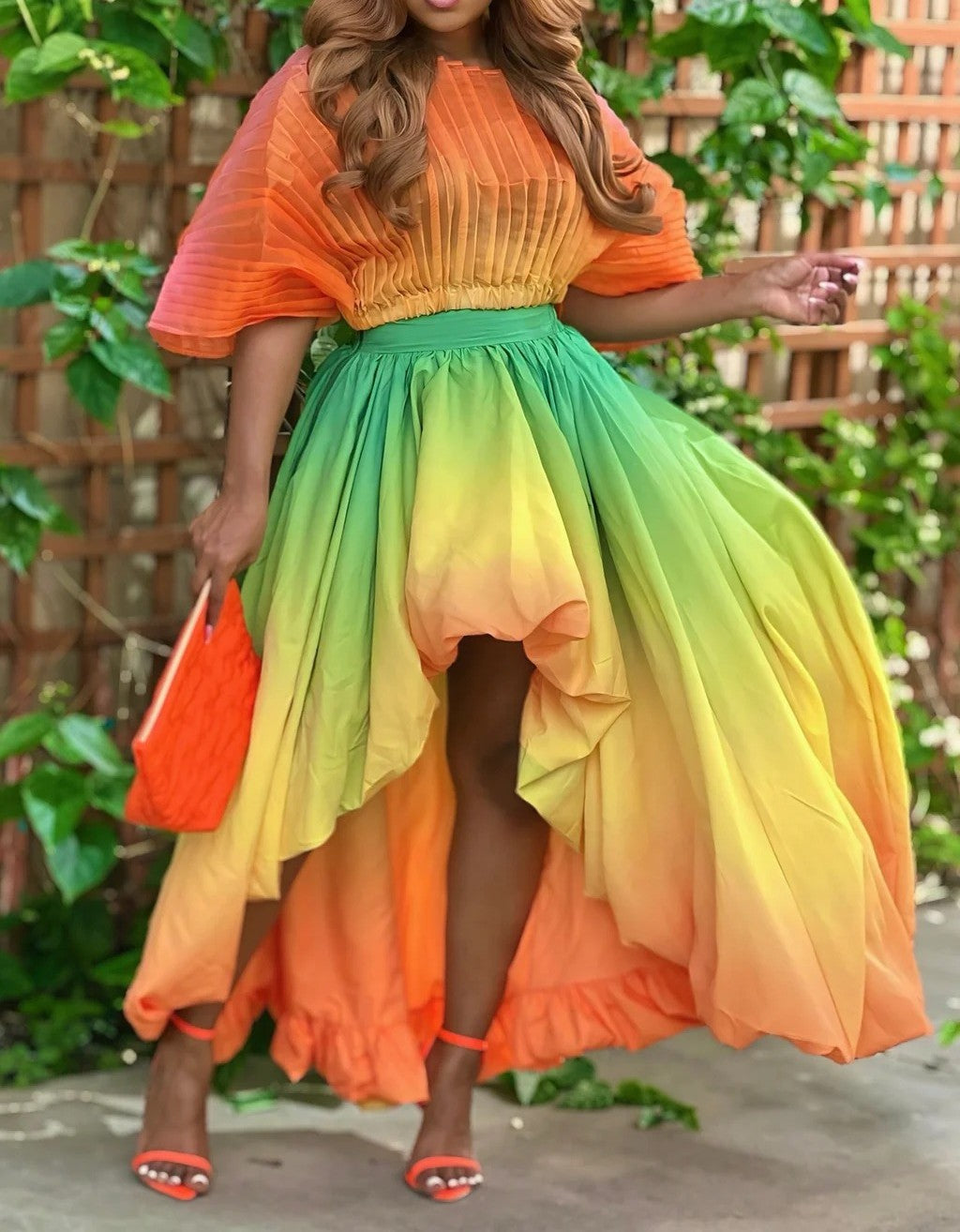 Orange Gradient Pleated Top & Puffy Skirt Set