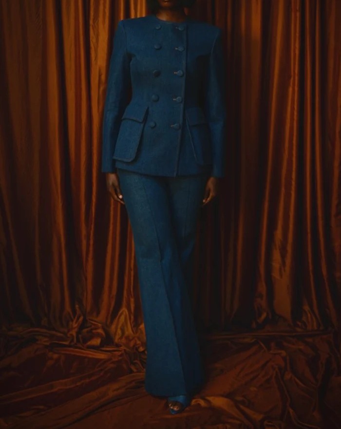 Double-breasted denim suit jacket + denim flared pants set