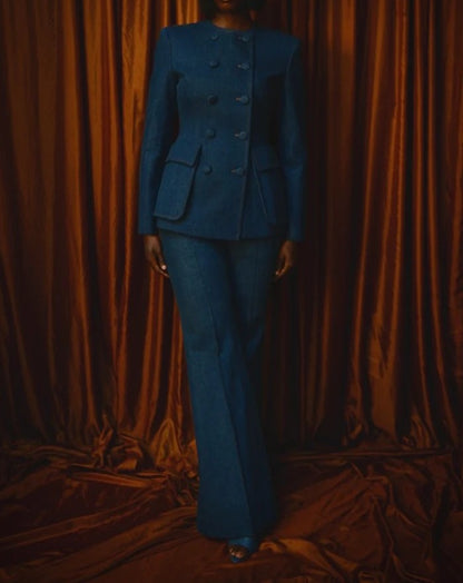 Double-breasted denim suit jacket + denim flared pants set