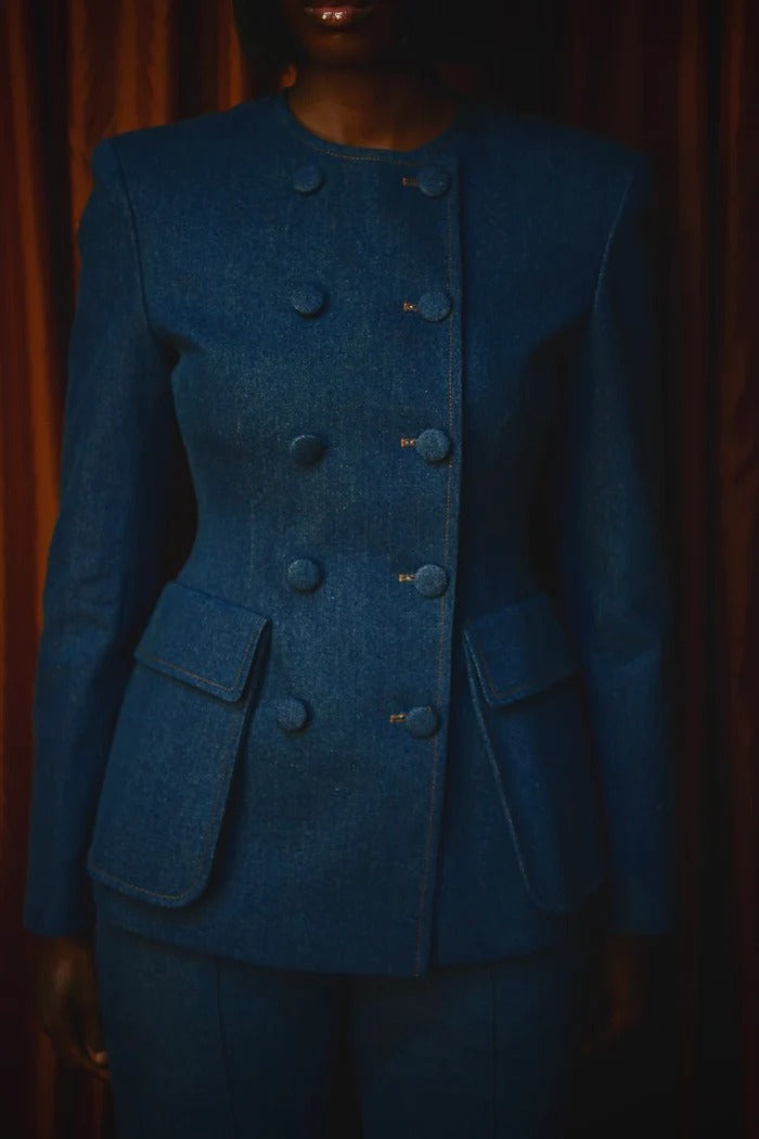 Double-breasted denim suit jacket + denim flared pants set