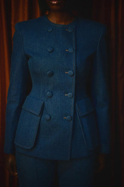 Double-breasted denim suit jacket + denim flared pants set