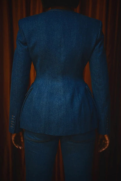 Double-breasted denim suit jacket + denim flared pants set