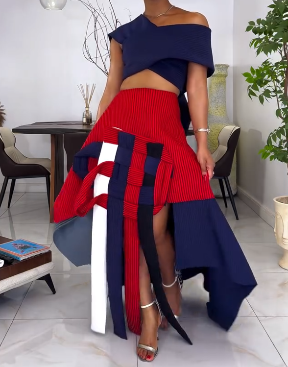 Fashionable knitted color-blocked top + skirt set