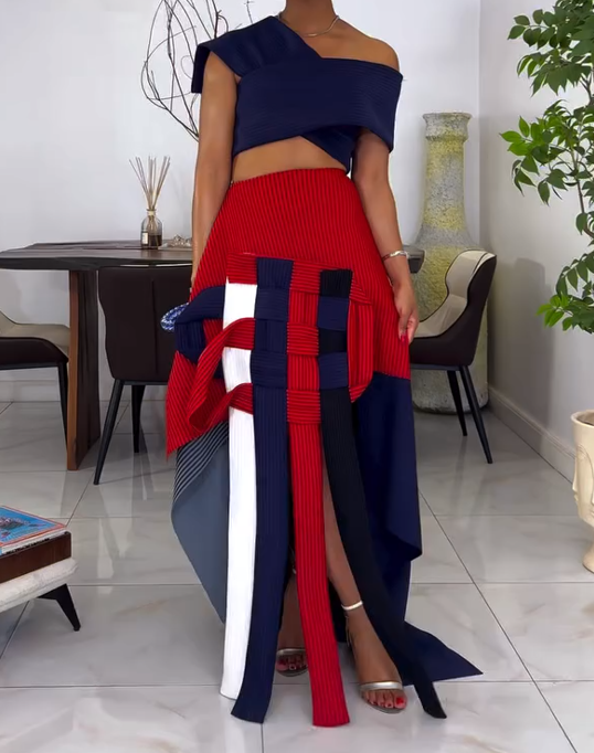 Fashionable knitted color-blocked top + skirt set