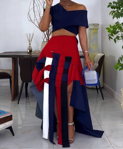 Fashionable knitted color-blocked top + skirt set
