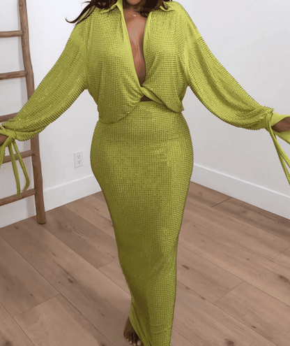 Rhinestone Mesh Loose Top Bodycon Skirt Two-Piece Set