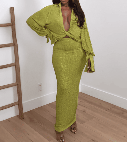 Rhinestone Mesh Loose Top Bodycon Skirt Two-Piece Set