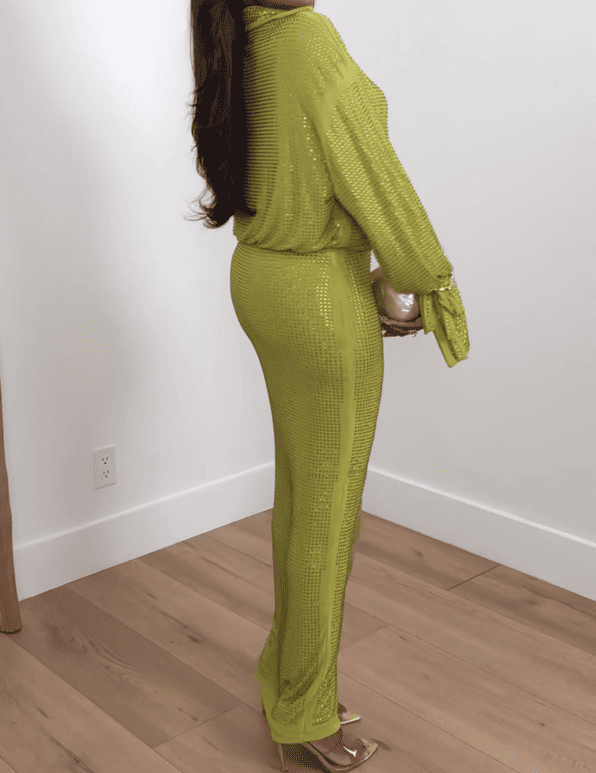 Rhinestone Mesh Loose Top Bodycon Skirt Two-Piece Set