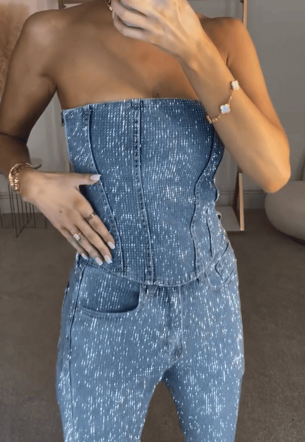Blue rhinestone top + jeans set
