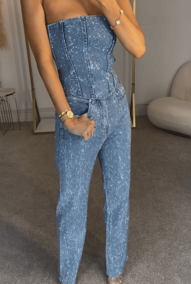 Blue rhinestone top + jeans set
