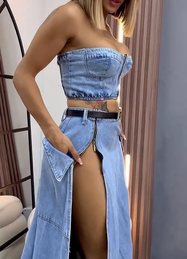 Denim tube top maxi skirt suit with zipper