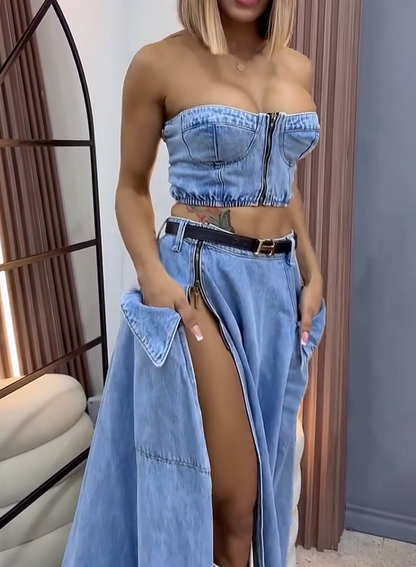 Denim tube top maxi skirt suit with zipper