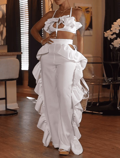 White Ruffle Top and Pants Set
