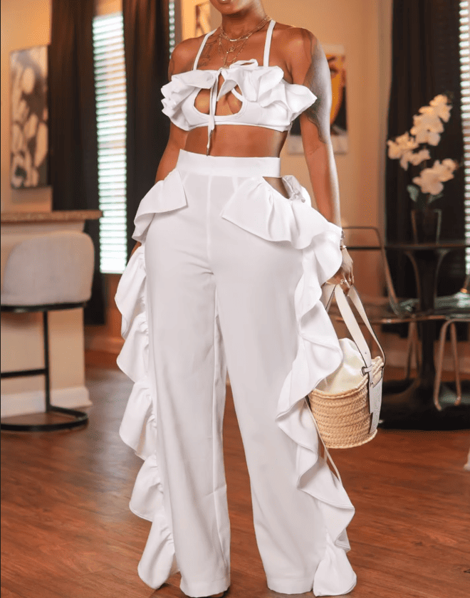 White Ruffle Top and Pants Set