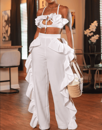 White Ruffle Top and Pants Set