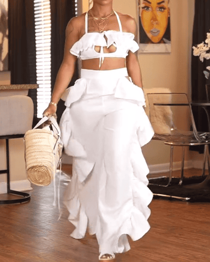 White Ruffle Top and Pants Set