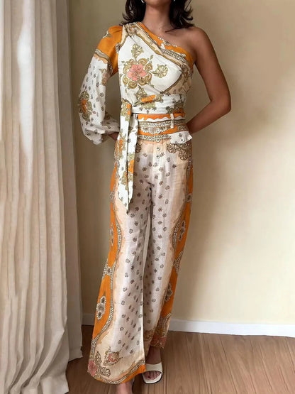 Exquisite Ethnic Style Floral Print One-shoulder Sleeve Top And Flared Pants