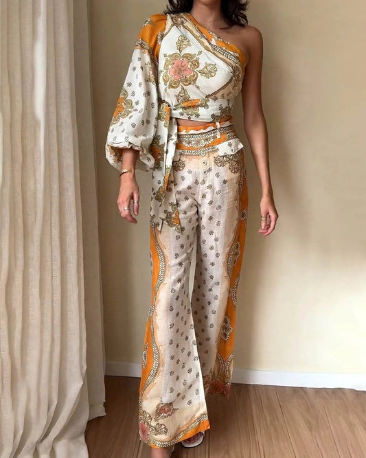 Exquisite Ethnic Style Floral Print One-shoulder Sleeve Top And Flared Pants