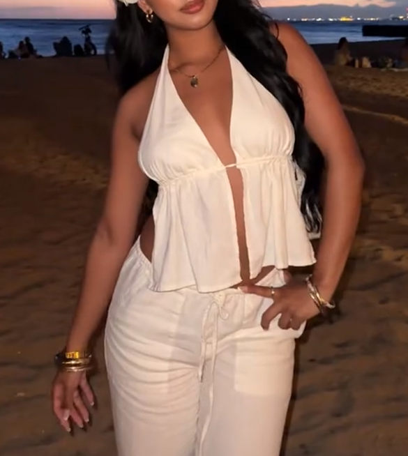 Linen Tie Back Halter Top Long Pnats 2-pc Set