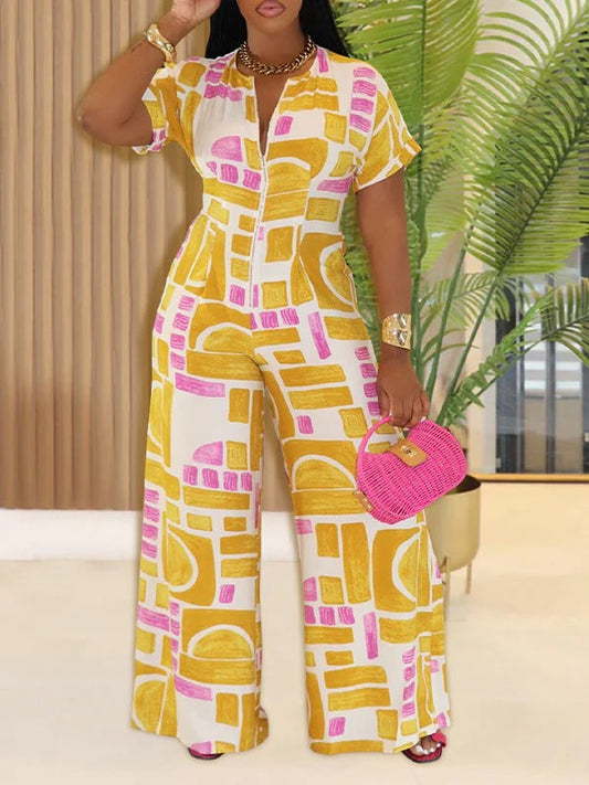 Printed Zip-Front Wide-Leg Jumpsuit