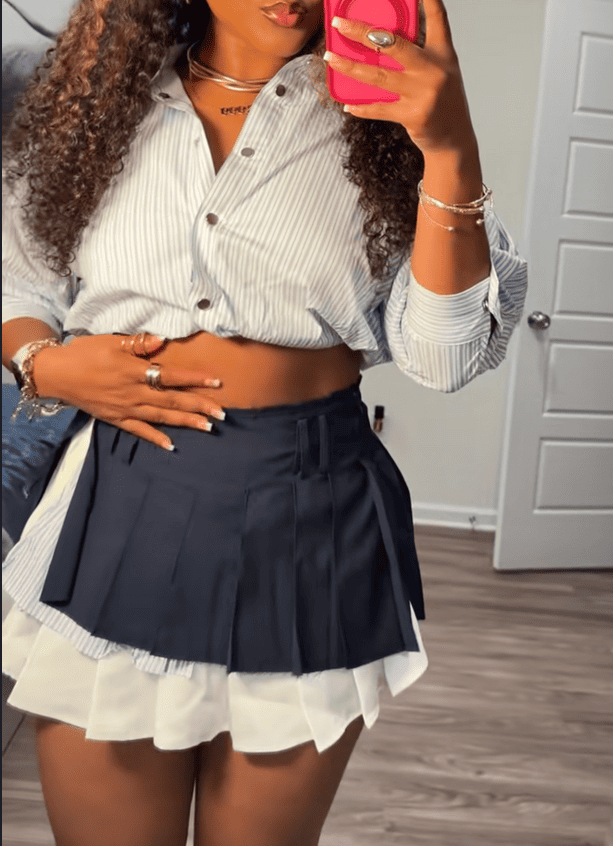 Blue striped top and Layered Pleated Micro Mini Skirt