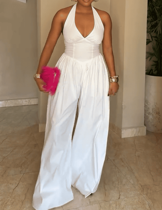 Halter V-Neck Backless Wide-Leg Jumpsuit - White