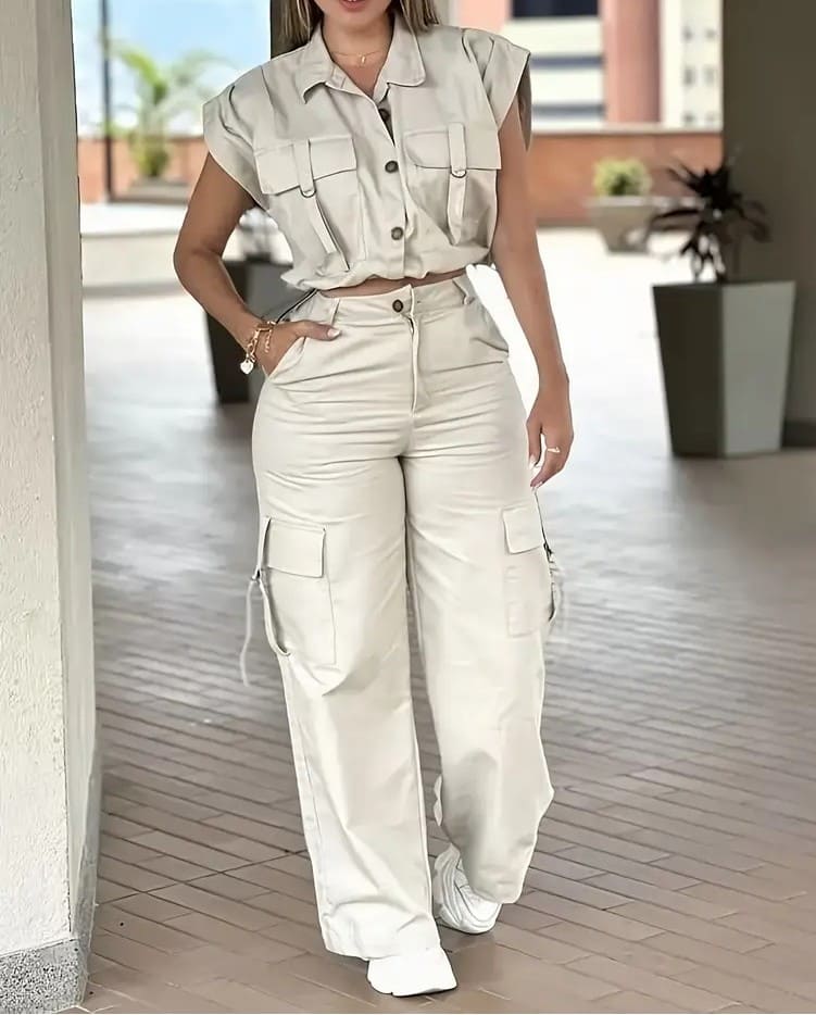 Solid Button Front Tank Top & Cargo Pants