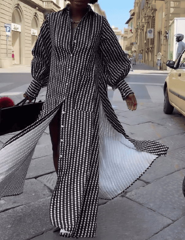 Maxi Flared Shirt Dress In Black&White Diamond Stripes