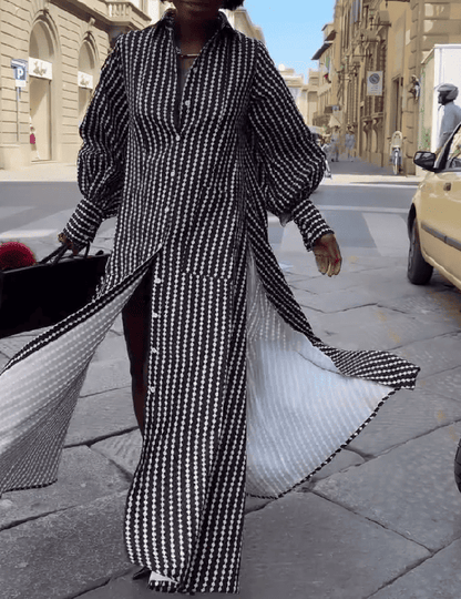 Maxi Flared Shirt Dress In Black&White Diamond Stripes