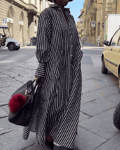 Maxi Flared Shirt Dress In Black&White Diamond Stripes