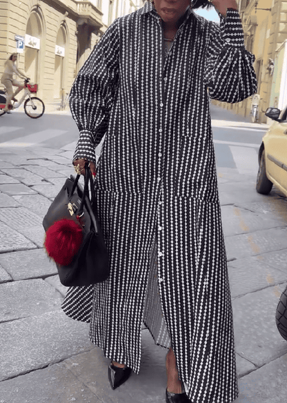 Maxi Flared Shirt Dress In Black&White Diamond Stripes