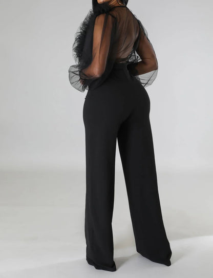 V Neck Sheer Sleeve Jumpsuit