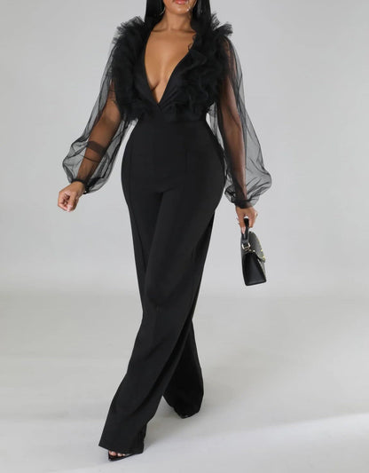 V Neck Sheer Sleeve Jumpsuit