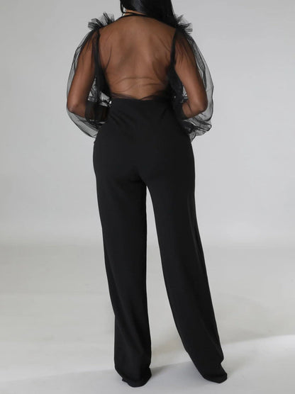V Neck Sheer Sleeve Jumpsuit